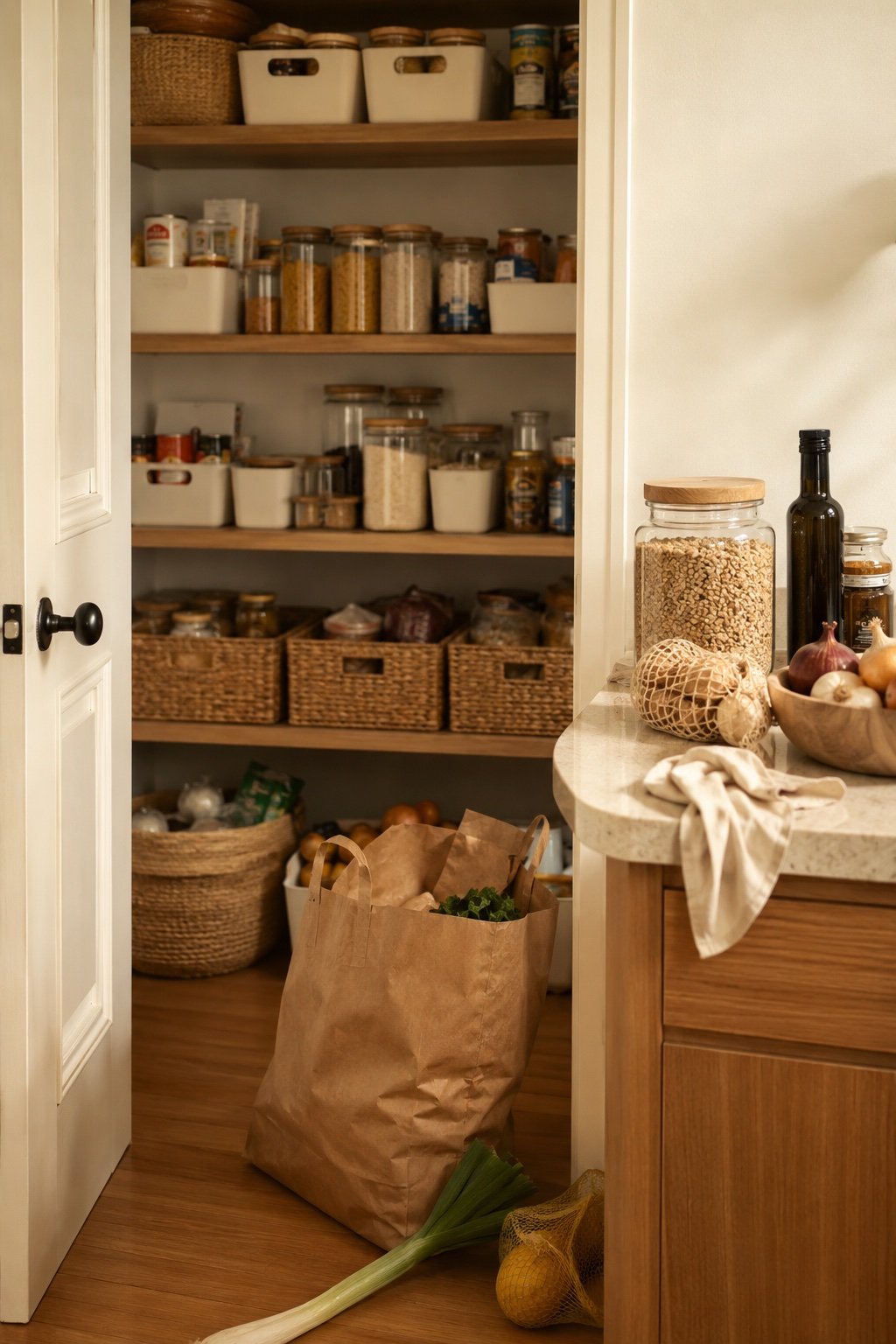 Pantry door open with a paper grocery bag half unpacked on the floor beside it
