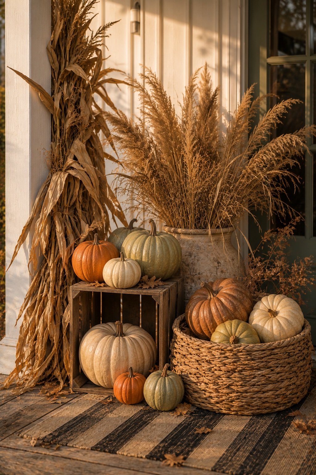 Porch corner with pumpkins at varied heights on crates and dried grasses in a ceramic planter