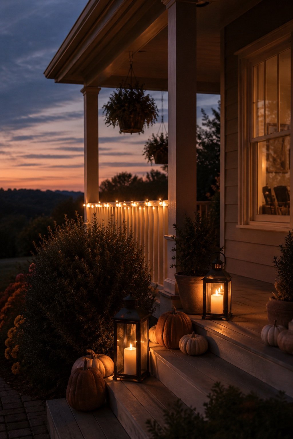 Front porch at dusk with glowing lanterns and warm string lights along the railing