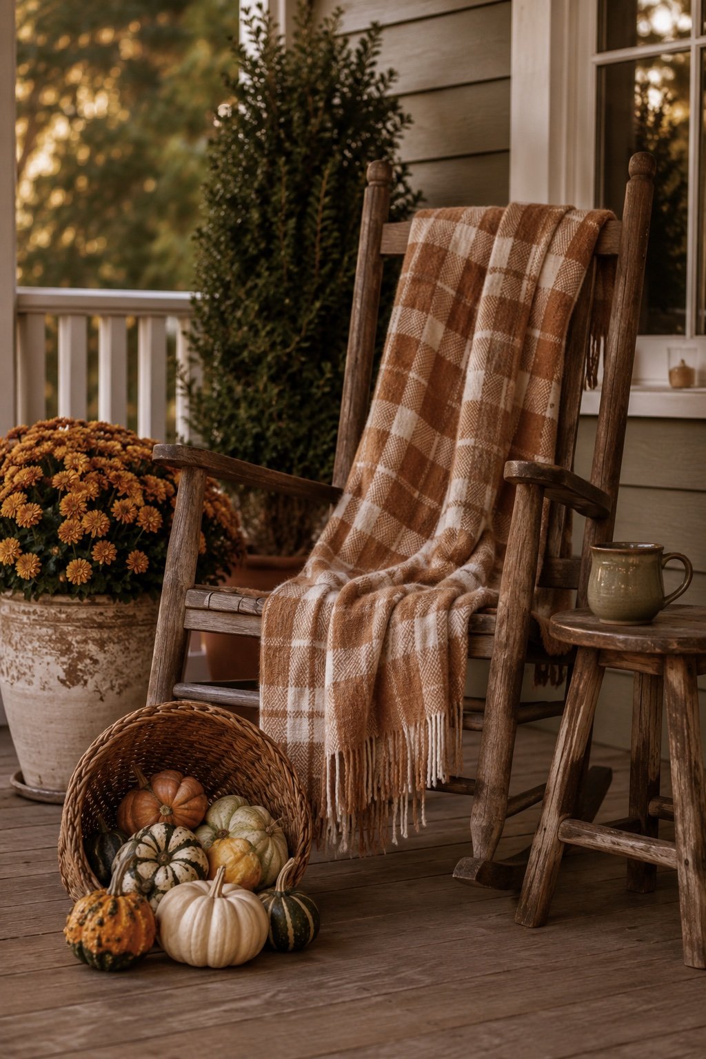 Porch rocking chair with a camel plaid throw and a basket of gourds beside it