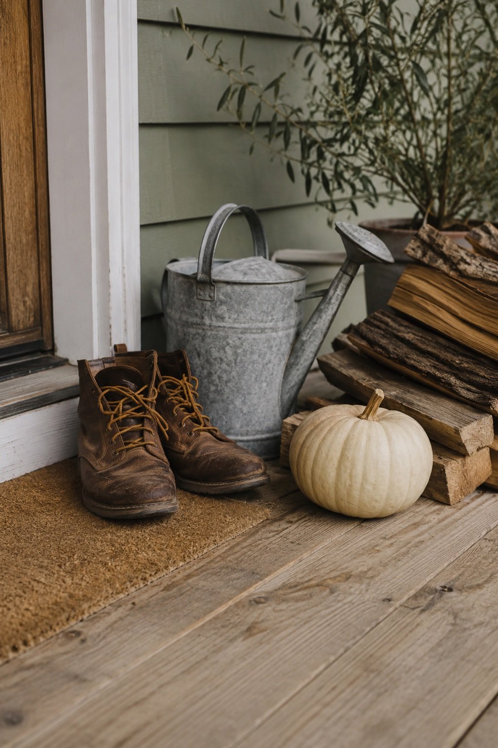 Lived-in porch detail with worn leather boots, a watering can and a cream pumpkin