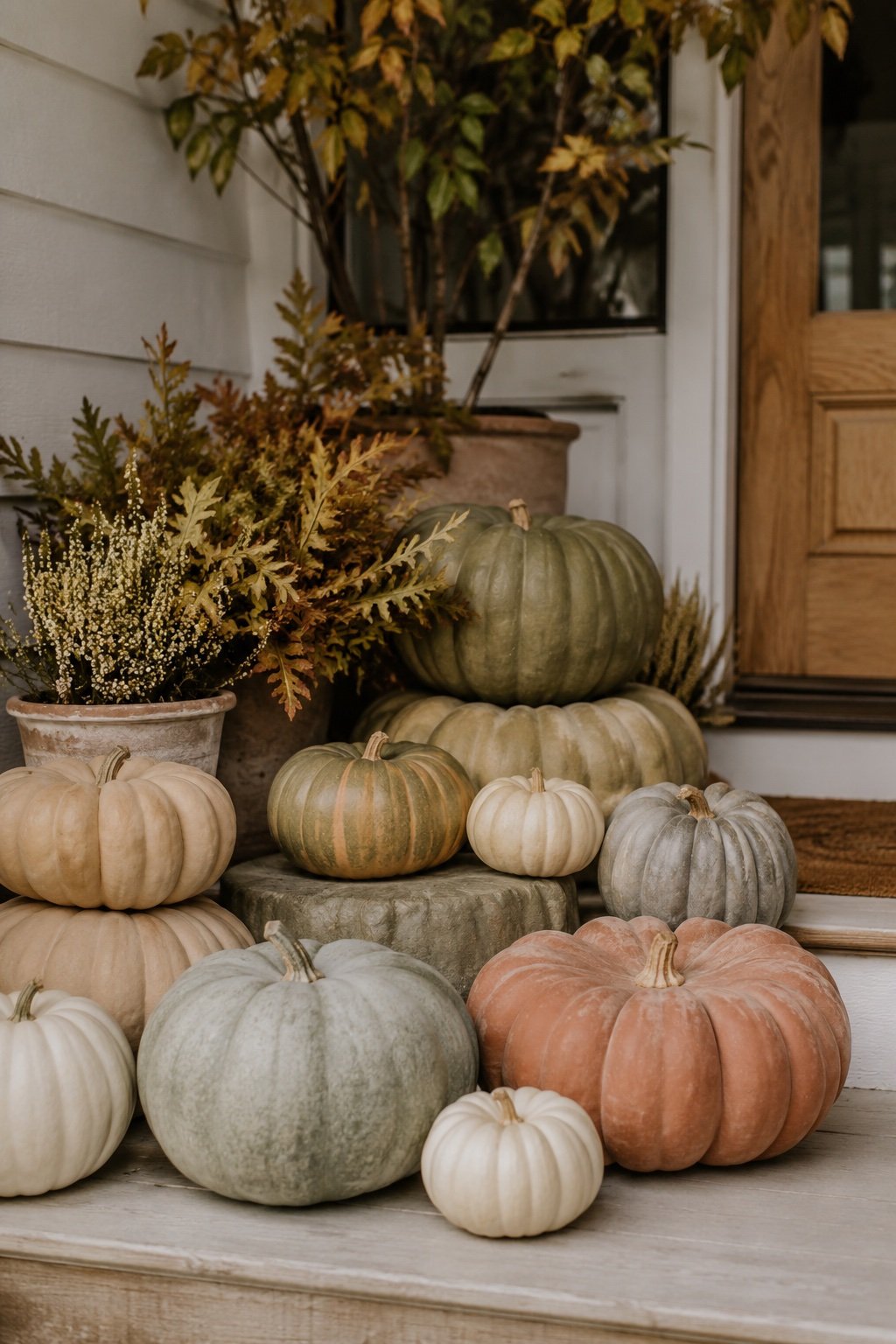 Heirloom pumpkins layered in sage, cream and terracotta on a fall porch