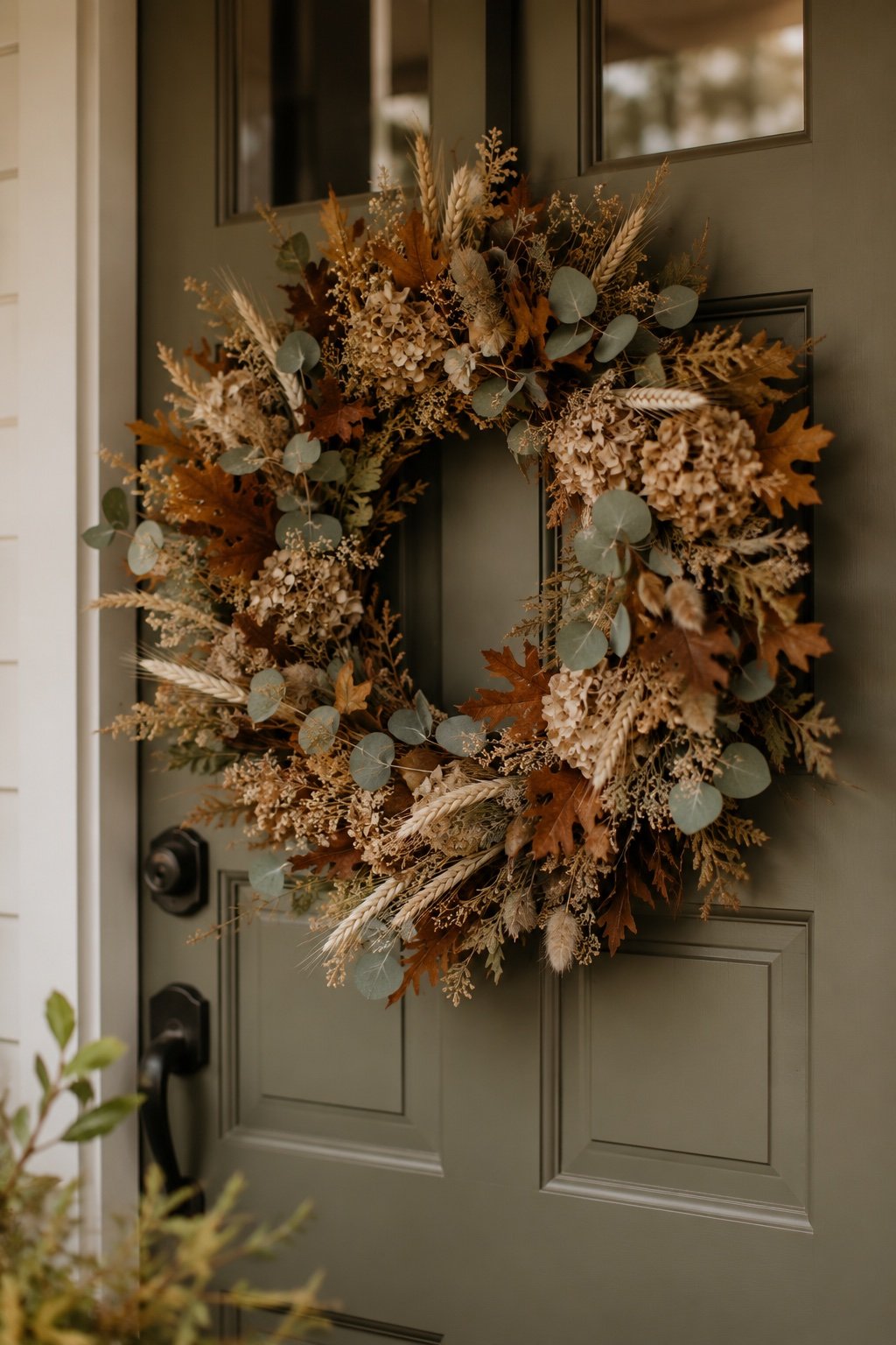 A textured fall wreath mixing dried florals, wheat and eucalyptus on a sage door