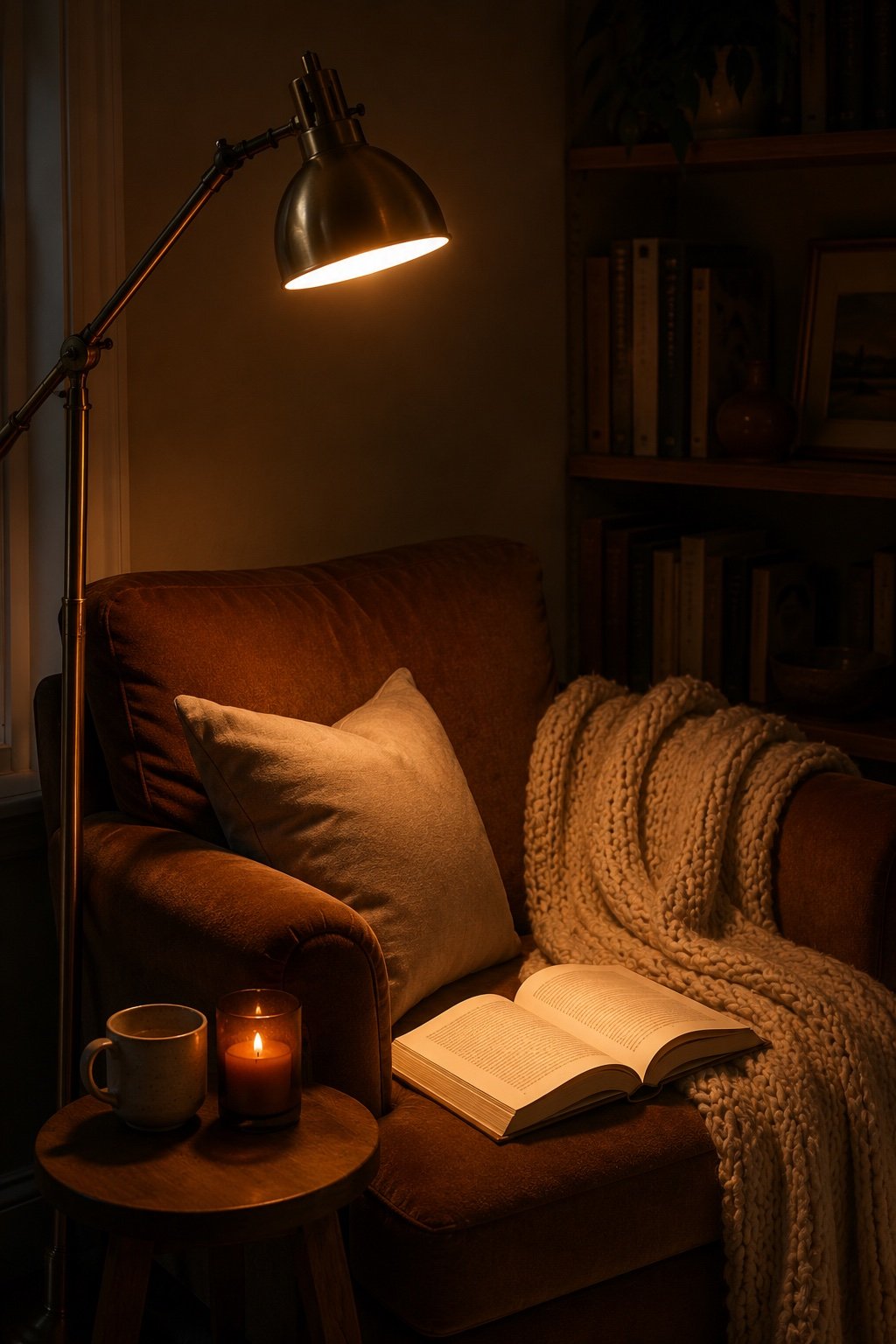 Brass floor lamp arcing over an armchair, warm light pooling on an open book