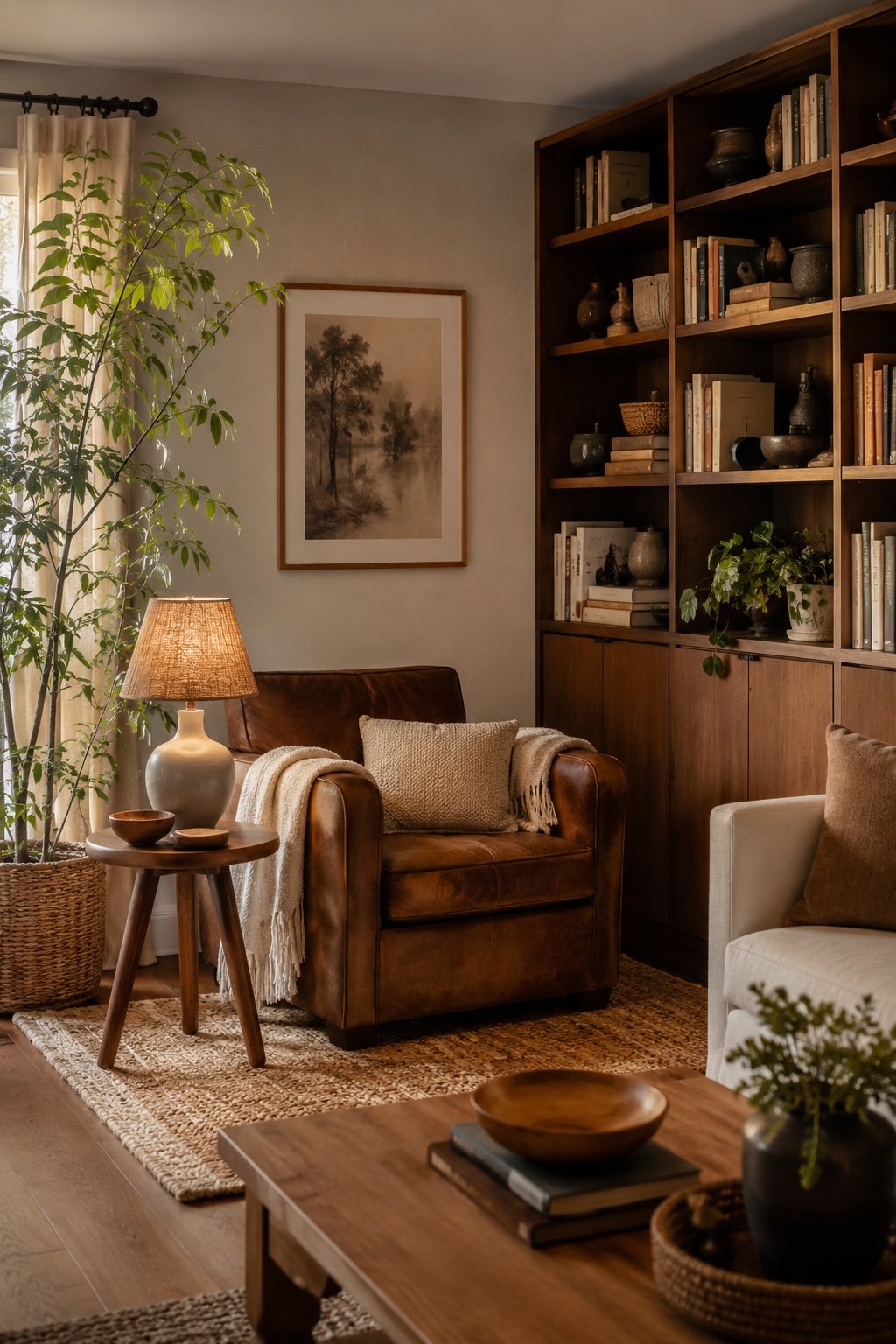Complete reading nook with chair, lamp, small rug, tall plant and bookshelf enclosure