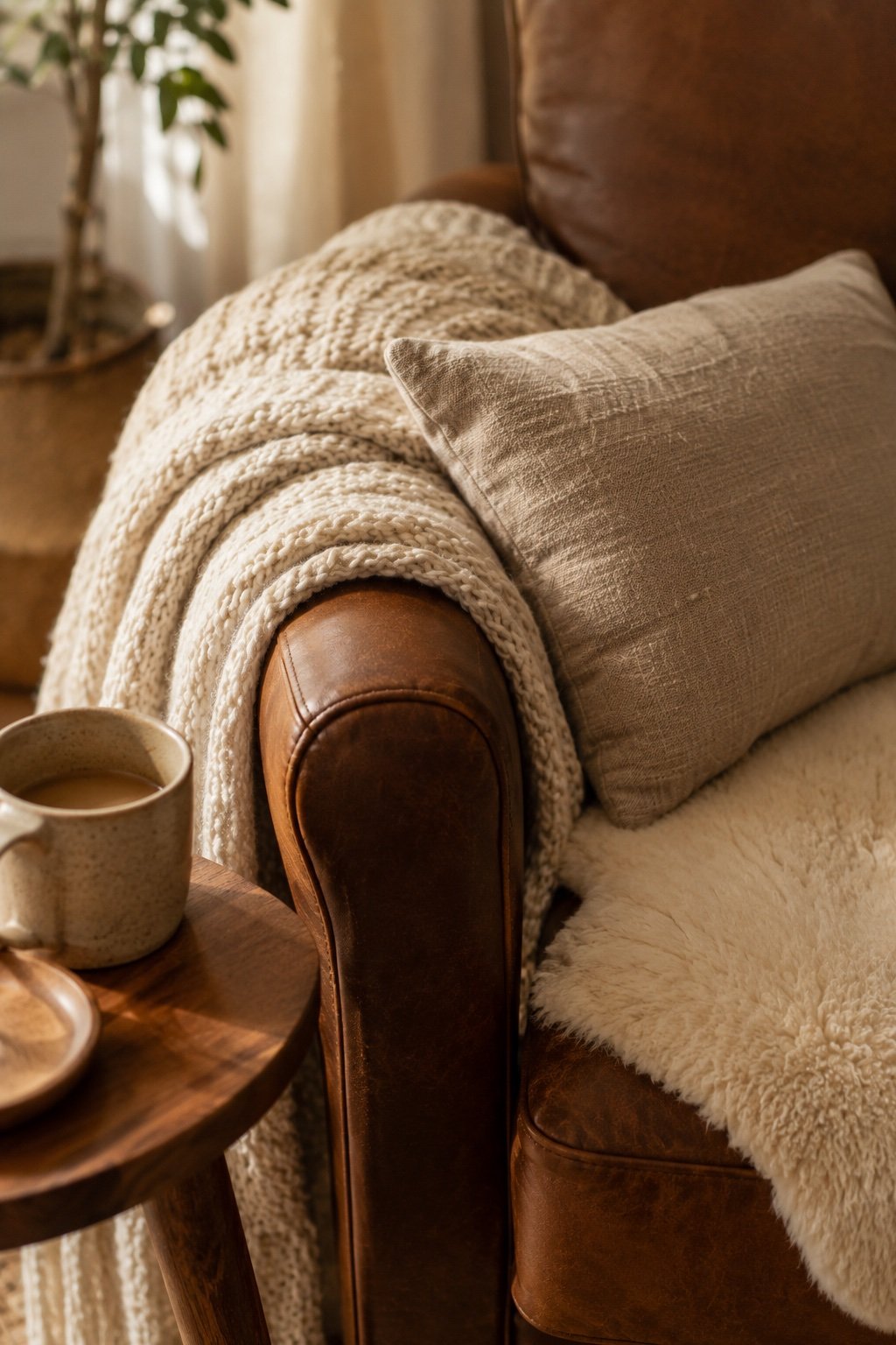 Chunky cream knit throw over a caramel armchair arm with a sheepskin on the seat