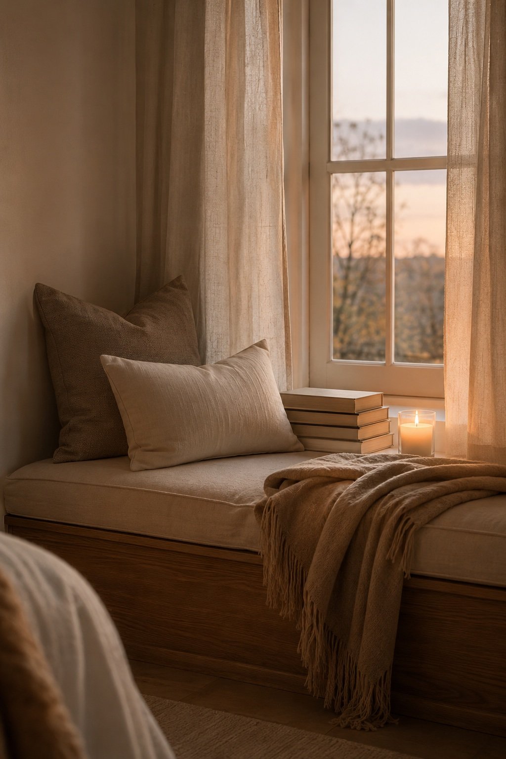 Window-seat reading nook with a linen cushion, pillows, books and a lit candle on the sill