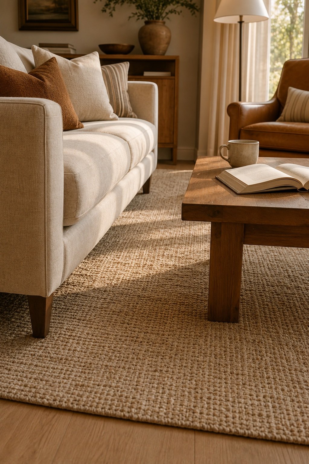Low angle of a living room showing sofa front legs resting on a large flat-weave rug