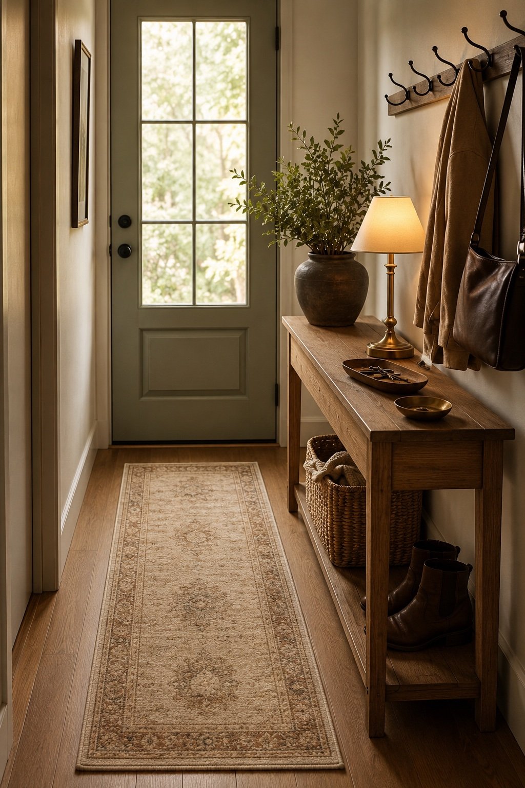 Narrow entryway with a small washable runner and even bare floor margins on both sides