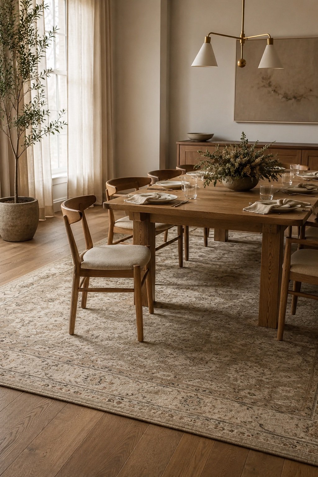 Dining room rug extending well past the table, with a pulled-out chair still fully on it