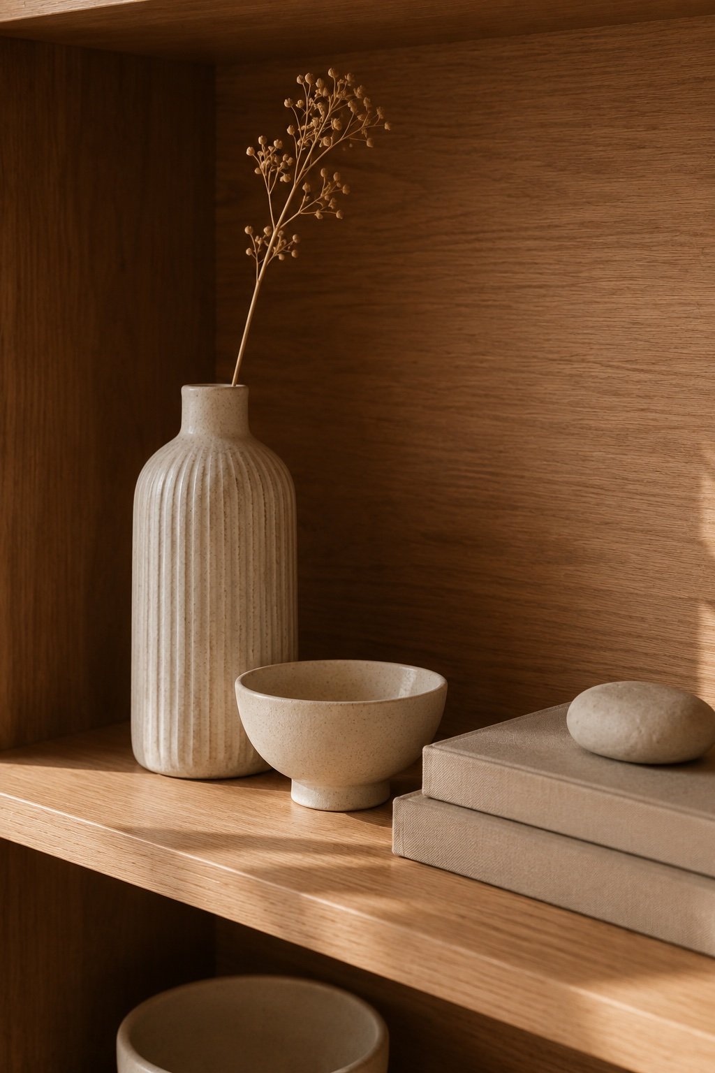 Shelf vignette showing the tall, round and low formula: a ribbed vase, a cream bowl and a book stack