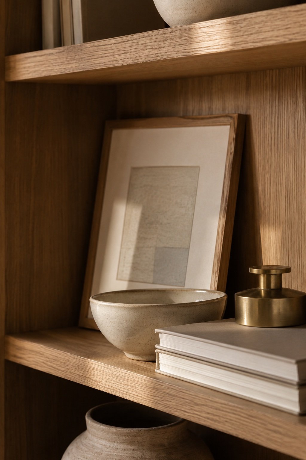 Shelf detail with a leaning framed print, a bowl in front of it and a book stack at the front lip