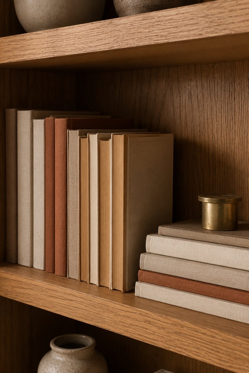 Bookshelf detail with muted cloth spines, a few volumes turned to show warm paper edges