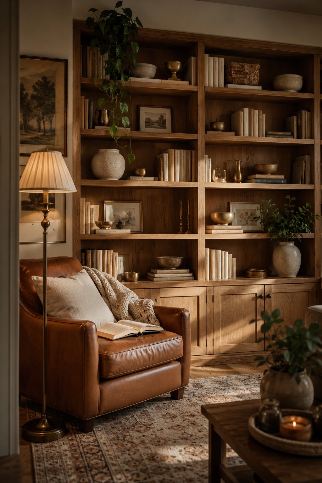 Finished bookcase seen from across the room with an armchair and warm lamp glow in the foreground