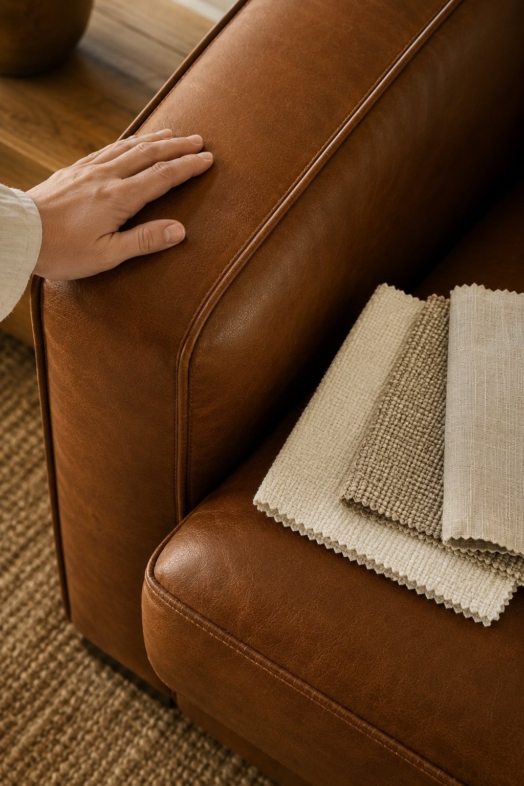 Close-up of cognac top-grain leather sofa stitching with fabric swatches on the seat