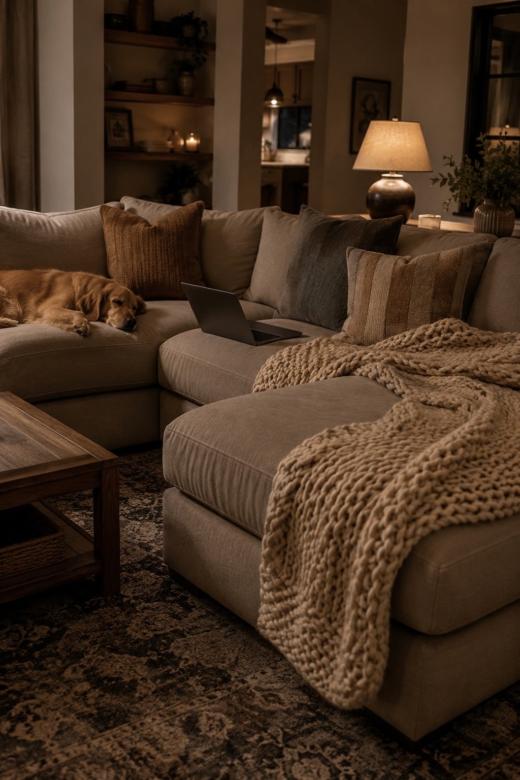 Lived-in family living room with deep-seat sectional sofa and a sleeping dog