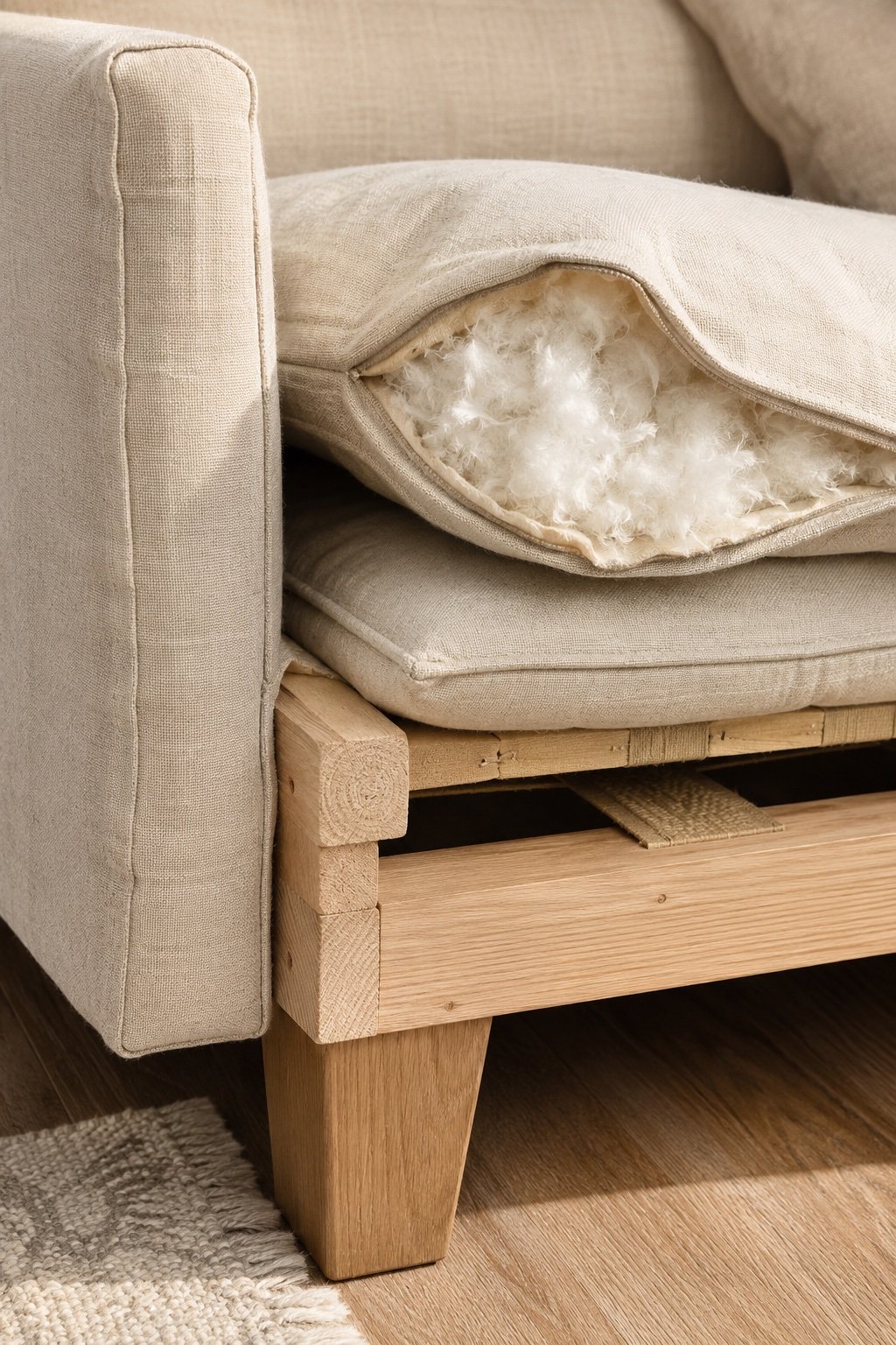 Sofa construction detail showing a solid hardwood frame edge and a down-blend seat cushion