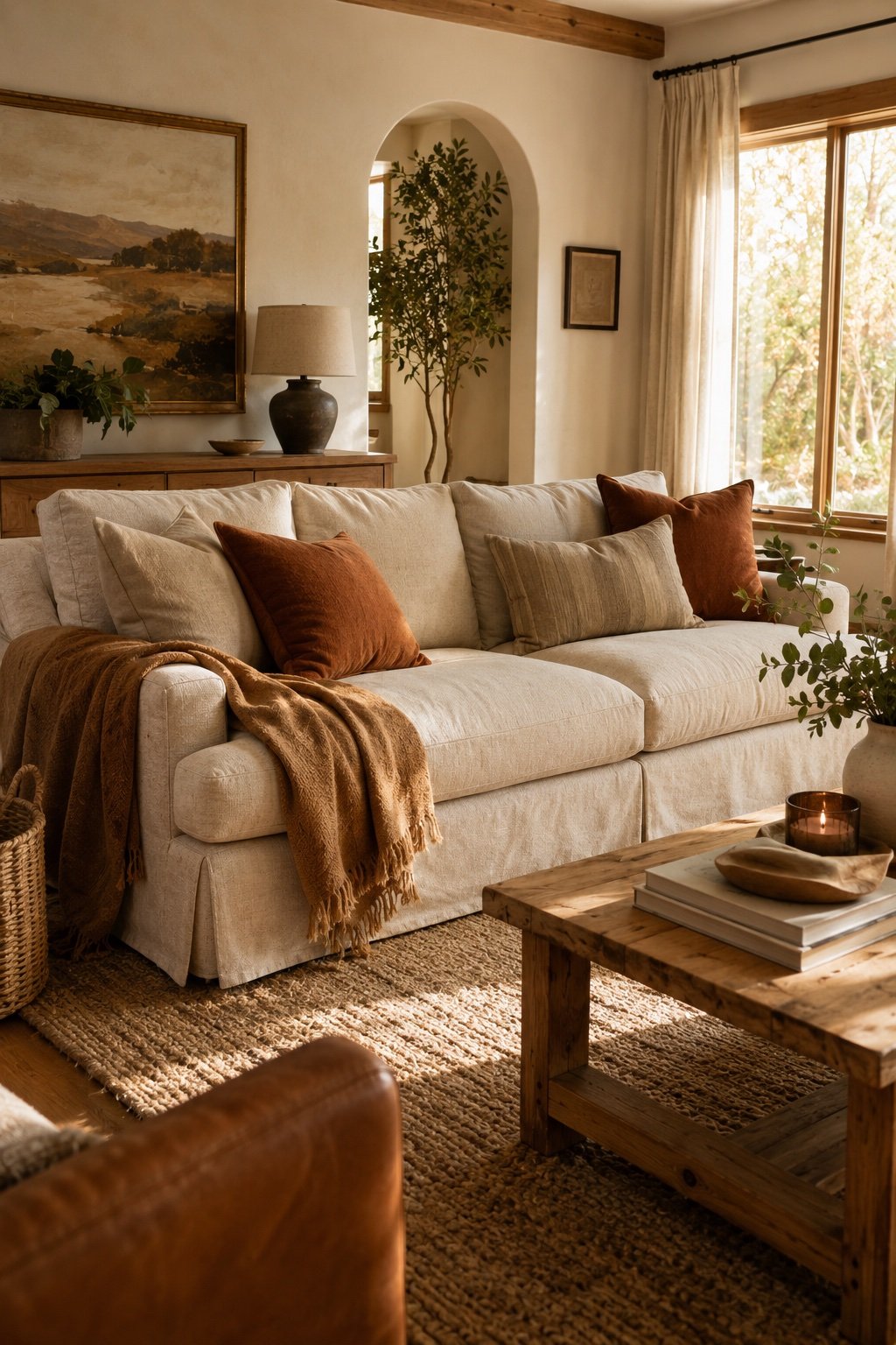 An oatmeal linen sofa anchoring a warm neutral living room with a caramel throw and wool rug