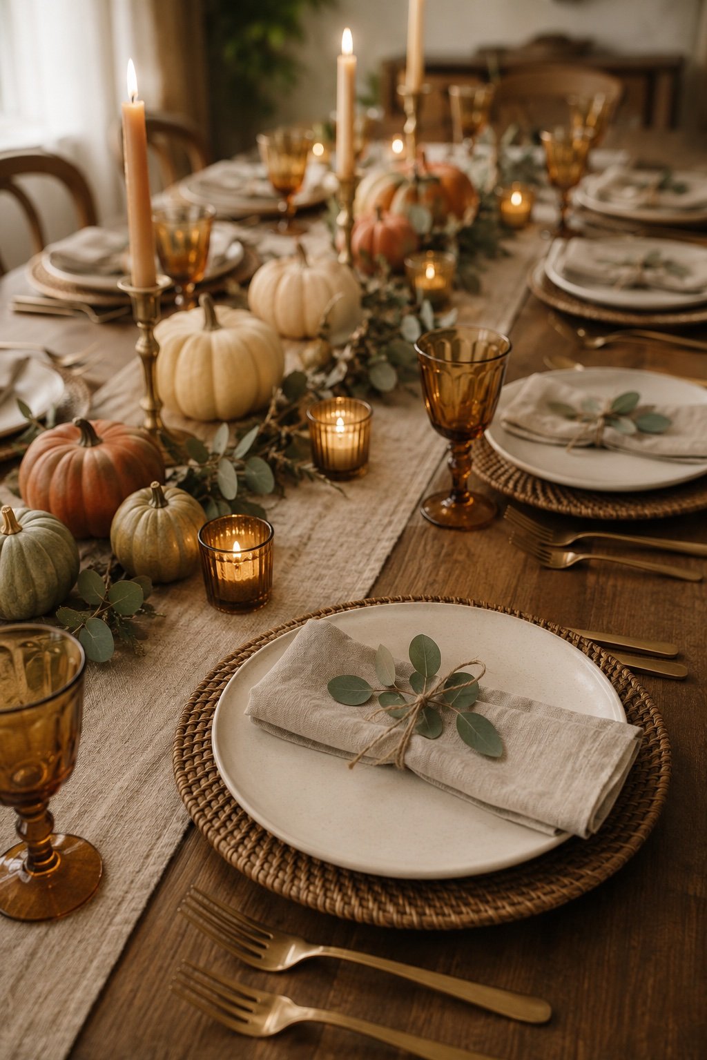 Warm neutral Thanksgiving table with linen runner, rattan chargers and a low pumpkin centerpiece