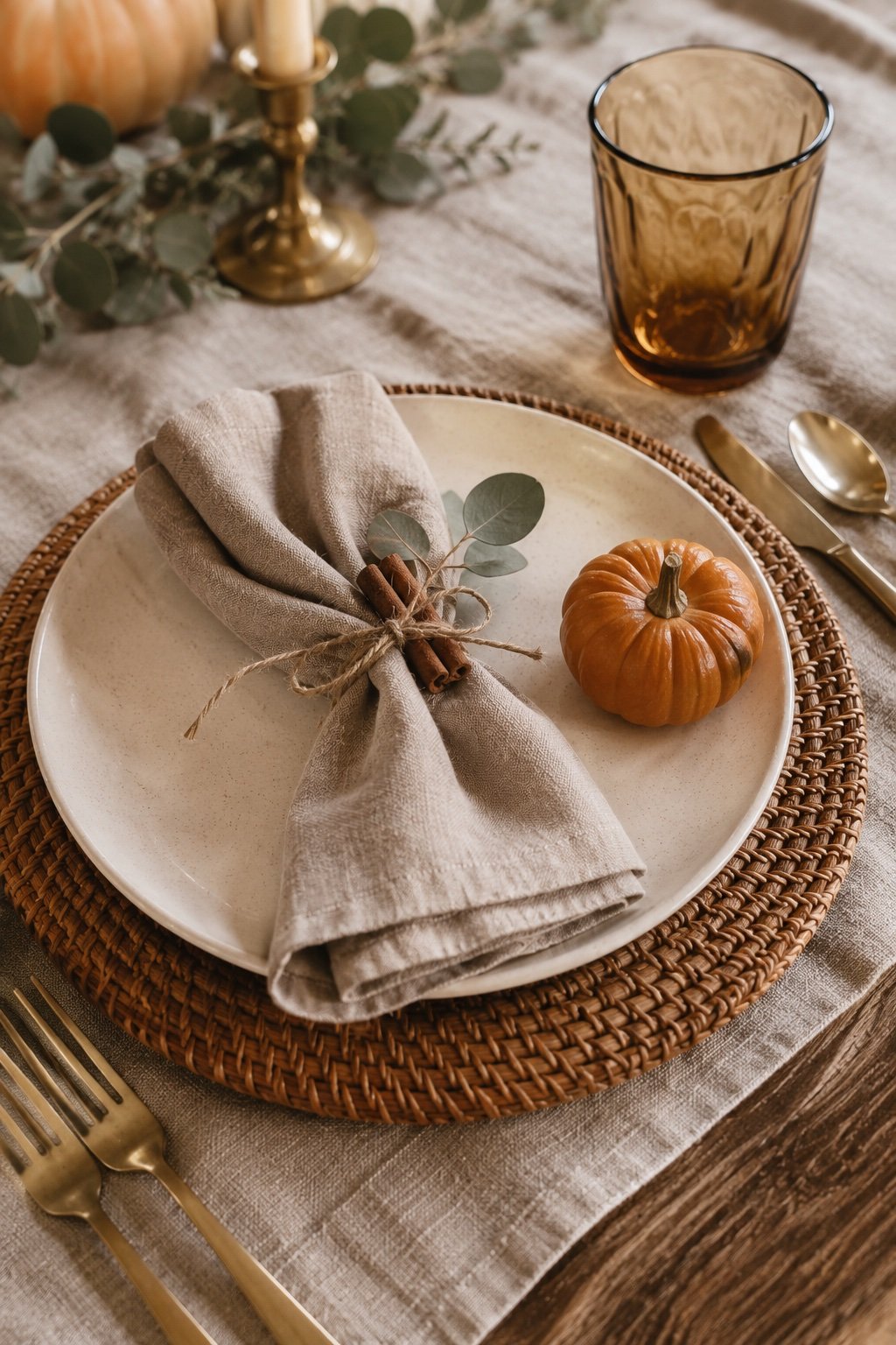 Place setting with a rattan charger, cream plate and linen napkin tied with twine