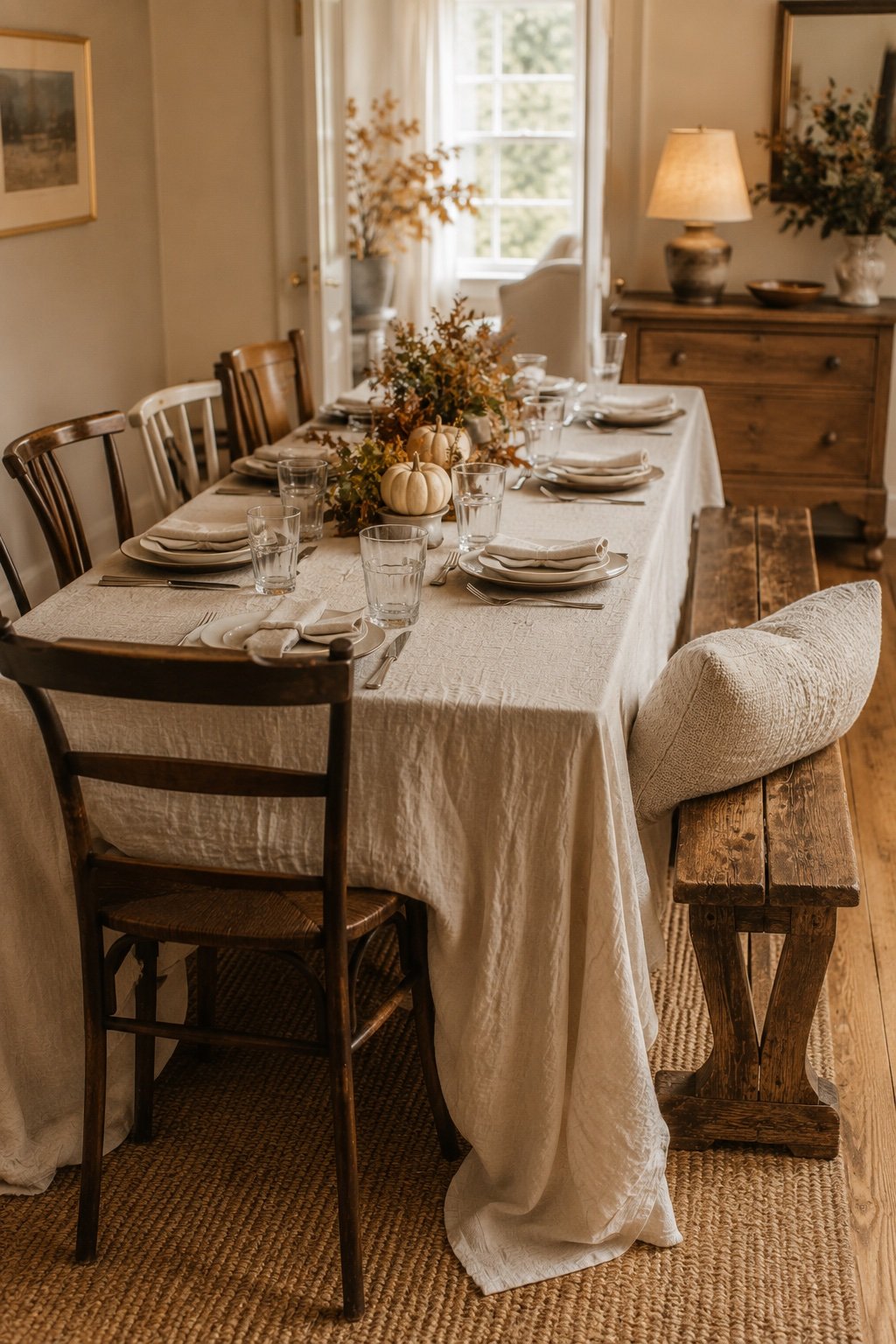 A long table made from two smaller tables joined and covered by one overlapping linen cloth