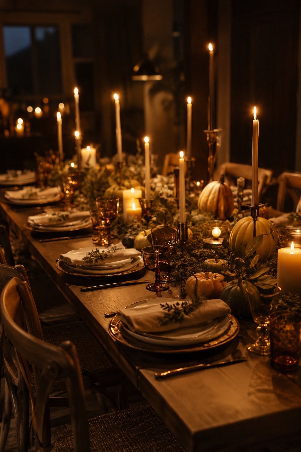 Thanksgiving table at dusk lit by taper and pillar candles with amber glassware