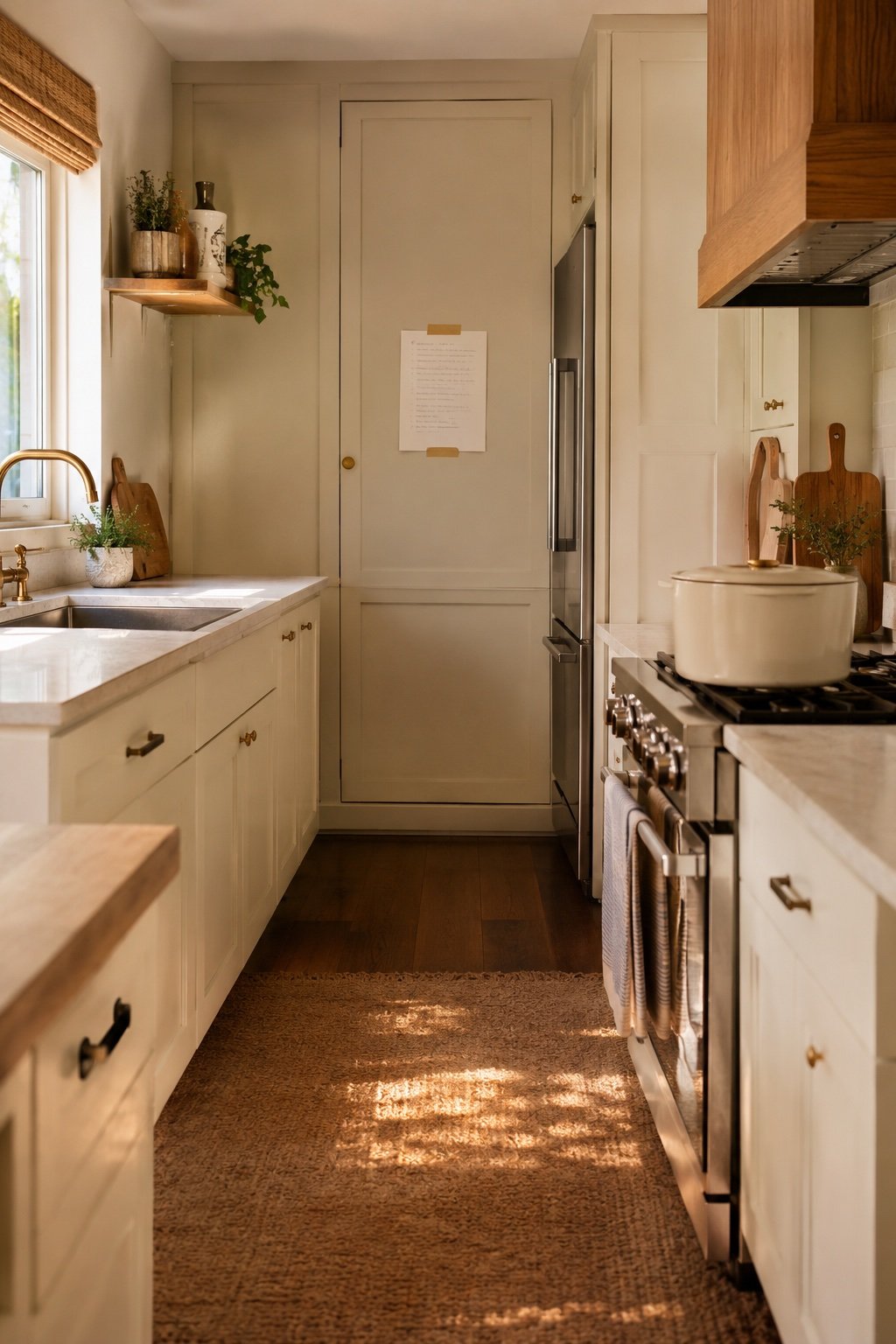 A small clear kitchen counter the night before, dishes done, a paper oven schedule taped to a cabinet