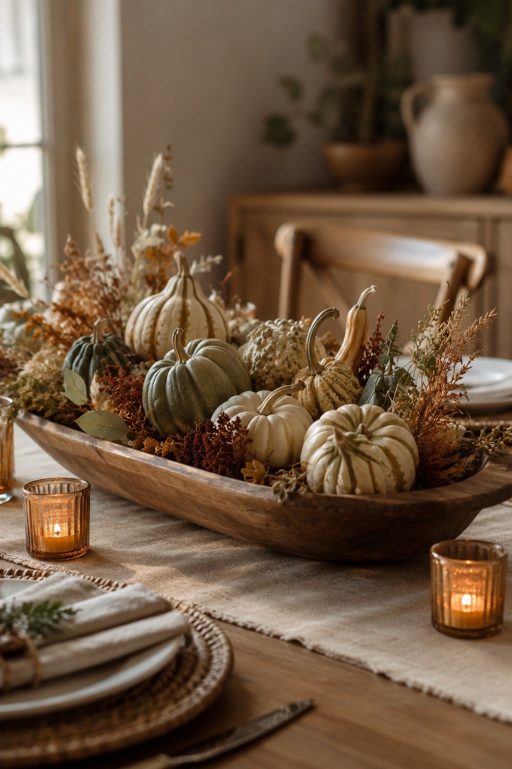 Wooden dough bowl centerpiece with muted heirloom pumpkins, gourds and dried stems