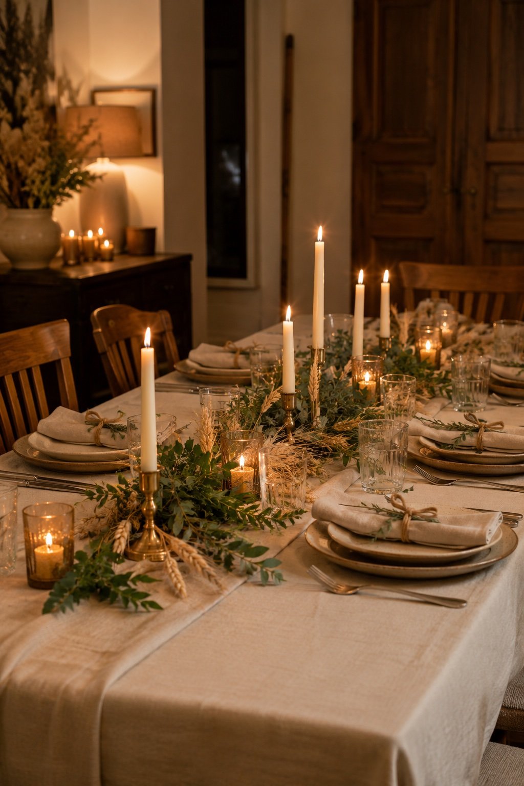 A Thanksgiving table set with low candles, a greenery and wheat runner, cream plates and linen napkins