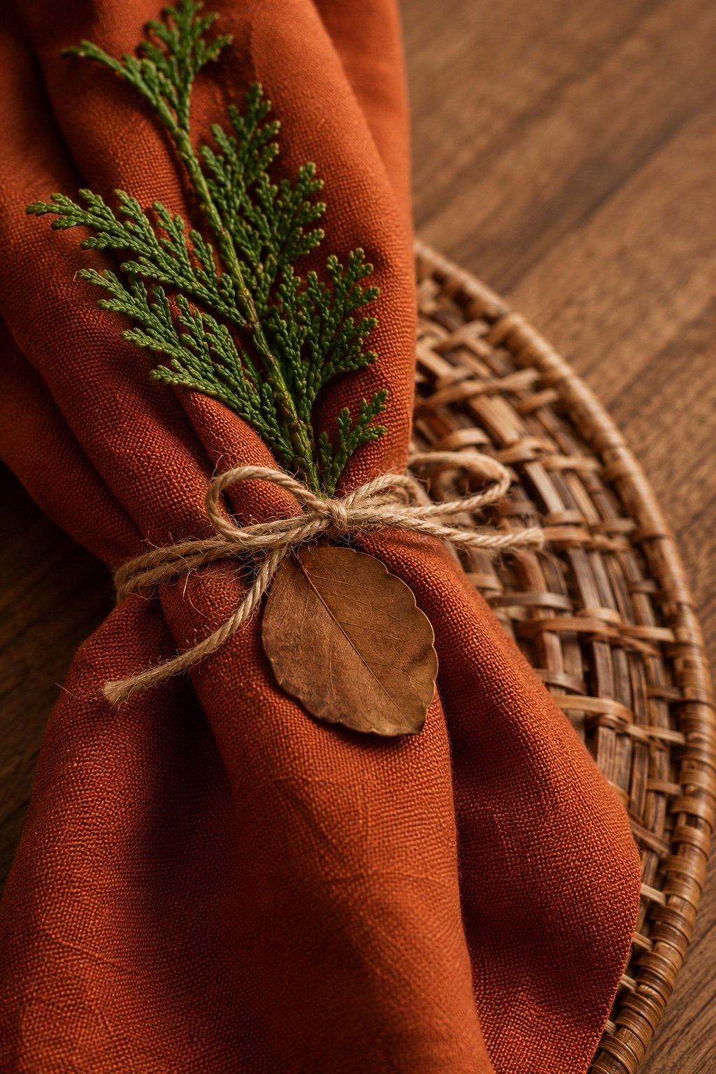 Rust linen napkin tied with twine holding a cedar sprig on a rattan charger