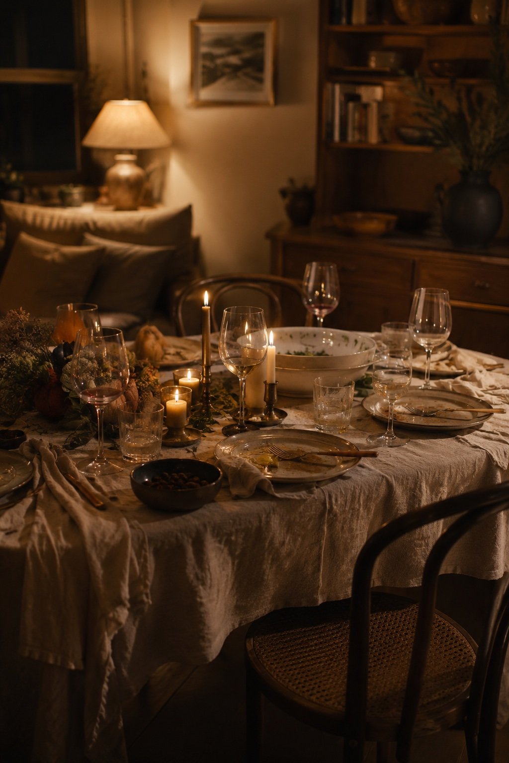 A small dining corner after the meal, candles burned low, empty plates, warm light, lived-in
