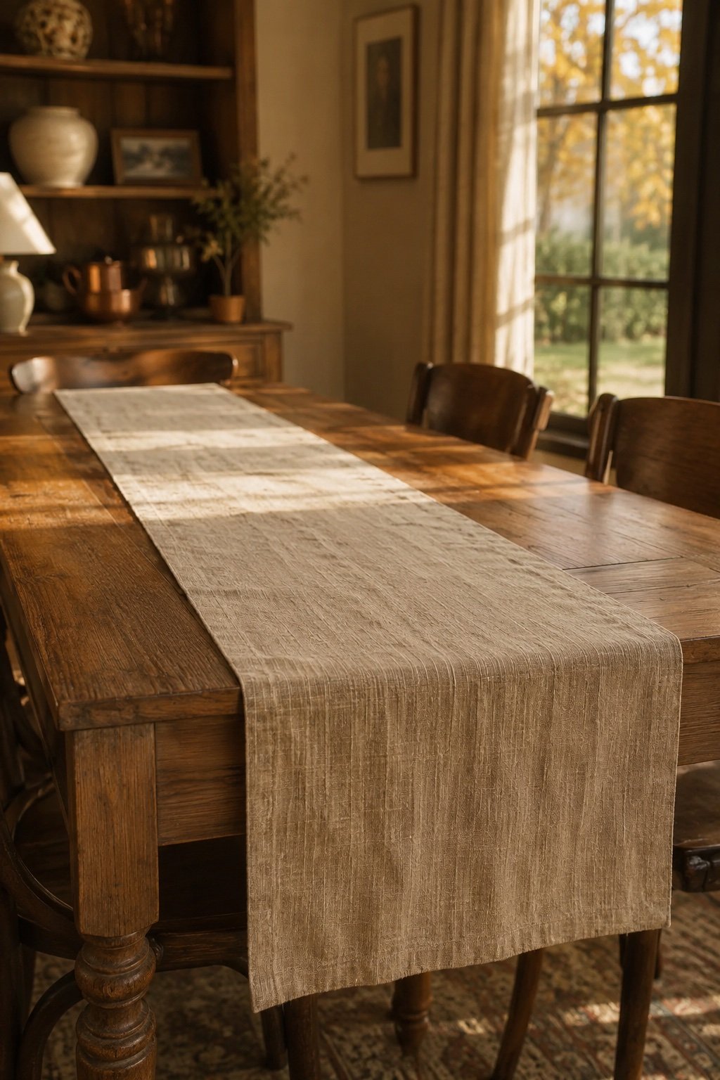A natural linen runner down a bare wood Thanksgiving table showing the grain