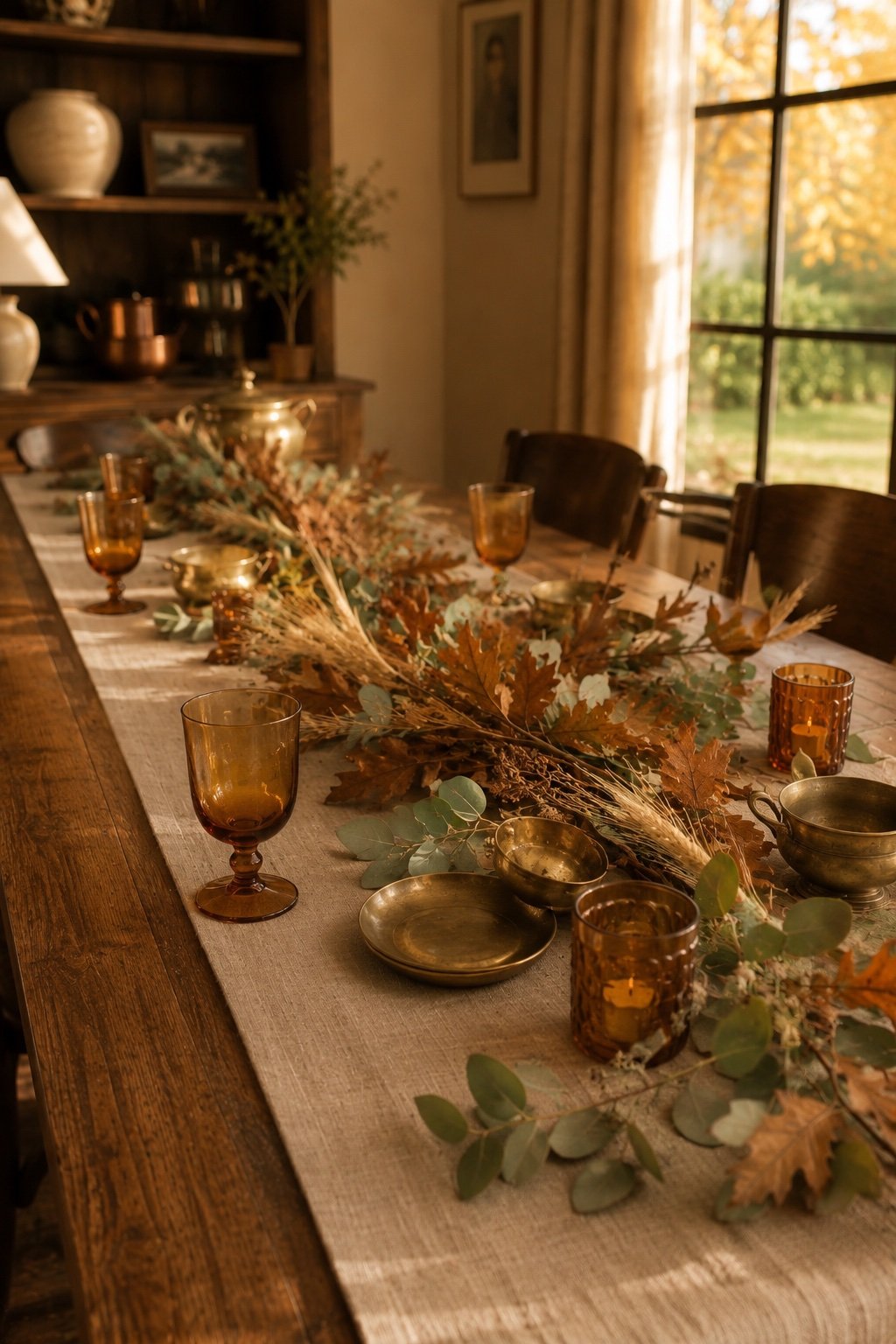 Foraged branches, wheat and eucalyptus laid loosely along a Thanksgiving table runner