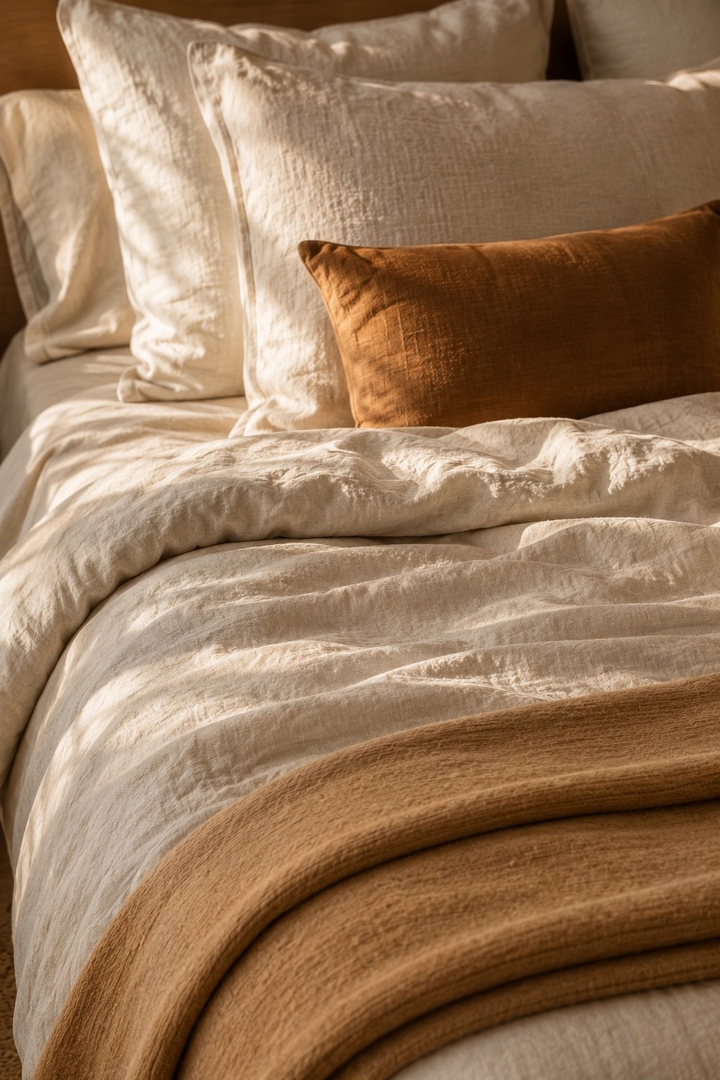 Close detail of rumpled oatmeal washed linen duvet with a caramel lumbar pillow