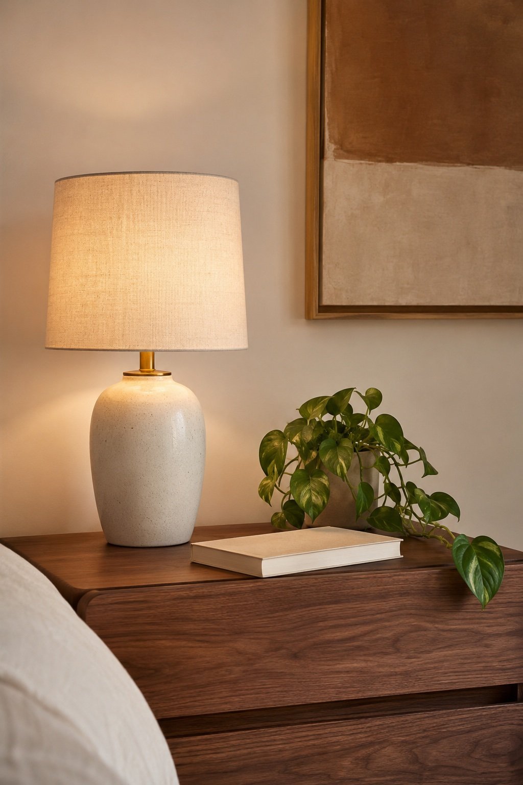 Walnut nightstand with a warm glowing lamp, one book and a small trailing pothos