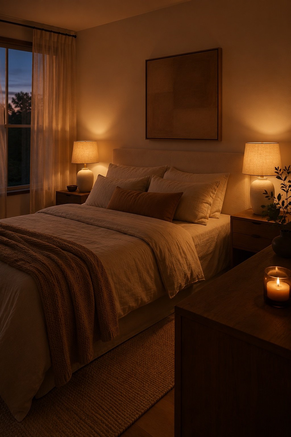 Bedroom at dusk with two bedside lamps glowing warm and linen curtains diffusing the light