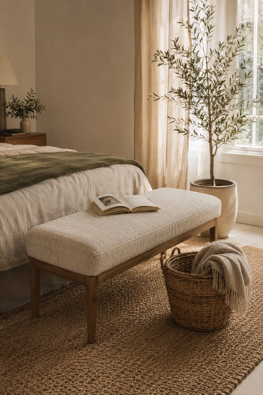 Bedroom corner with a linen bench, a basket of throws and a small olive tree in a pot