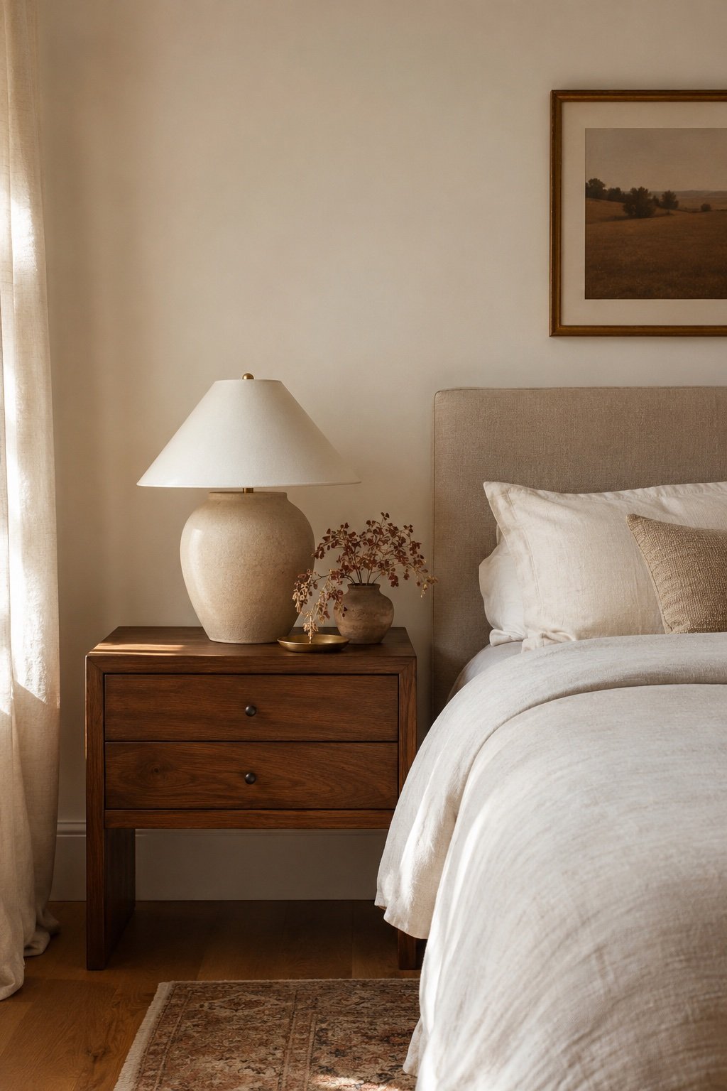 A walnut nightstand as the warm wood accent in a minimalist bedroom
