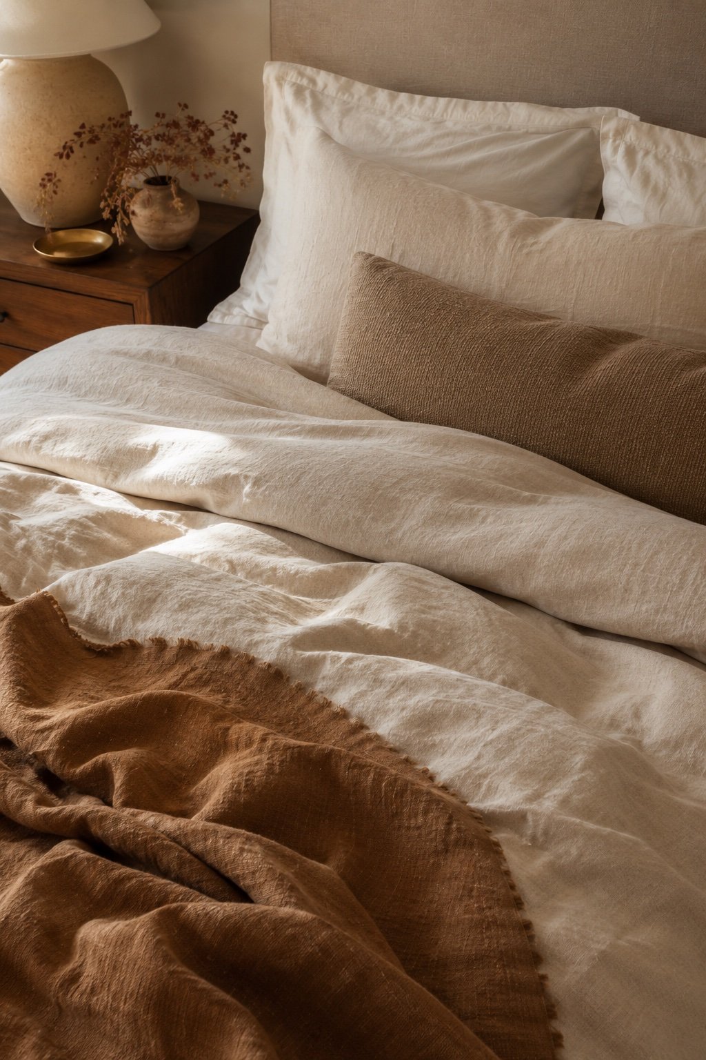 Tonal bedding layered in the same oatmeal and caramel family