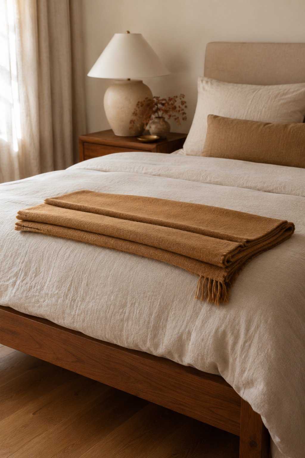 A camel throw folded in thirds at the foot of an oatmeal bed