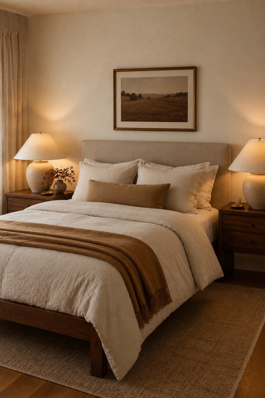 Two matching bedside lamps glowing warm at eye level in a bedroom