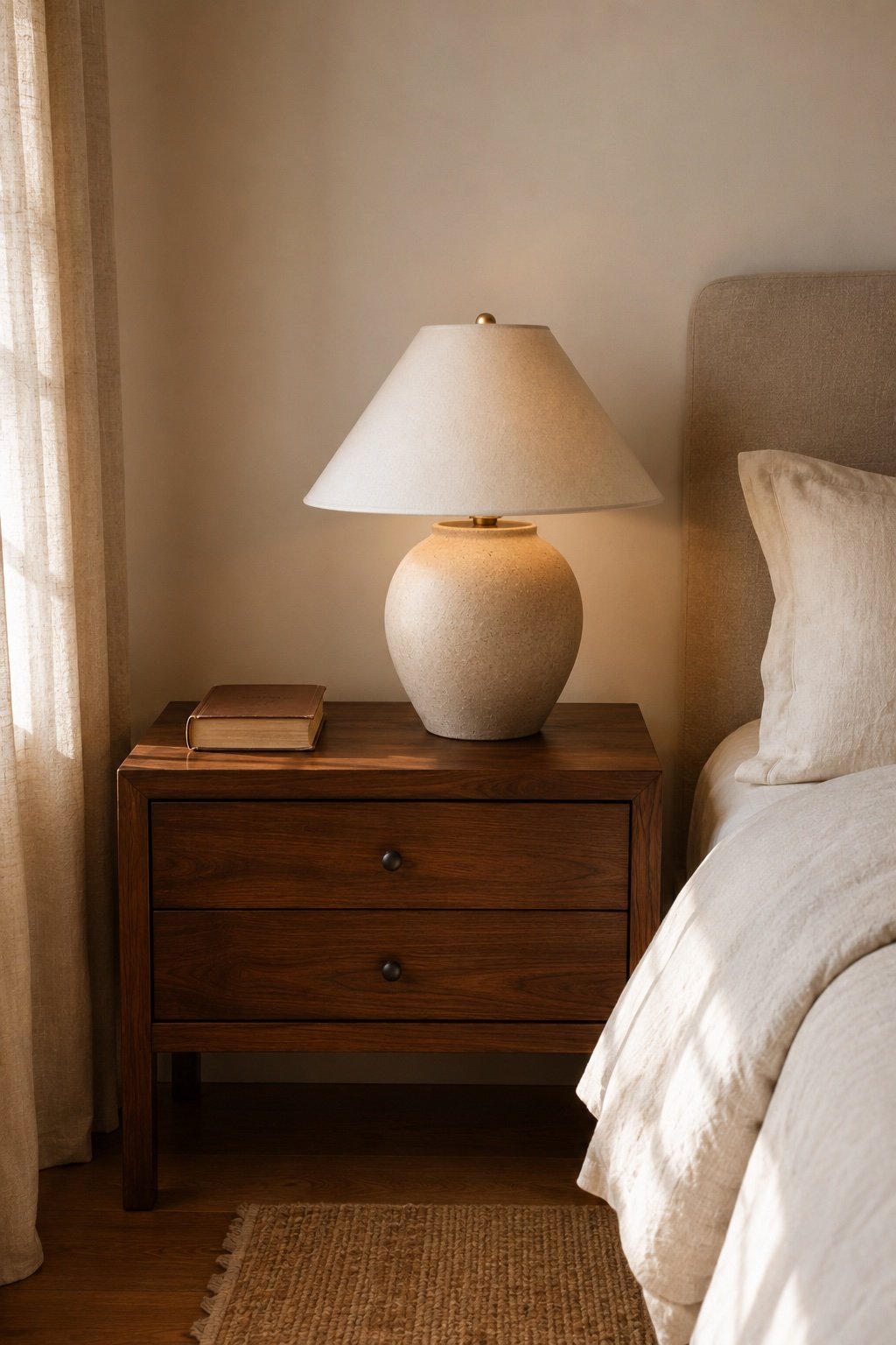 A walnut nightstand with just a lamp and one book, clear surface