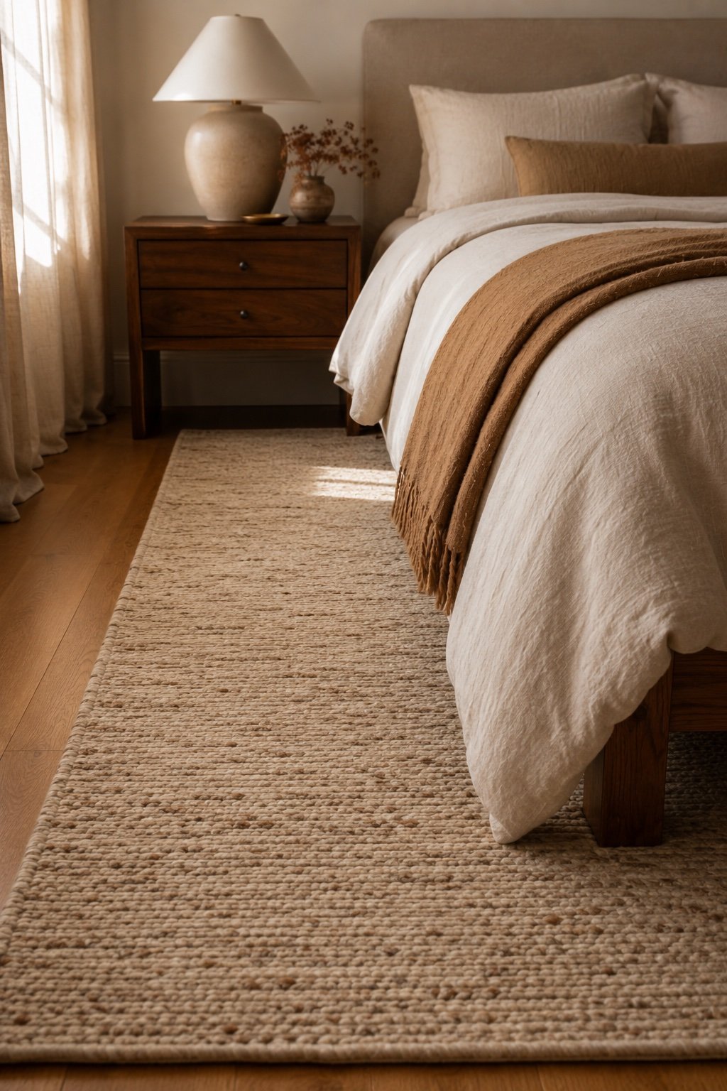 A textured wool rug underfoot framing a minimalist bed