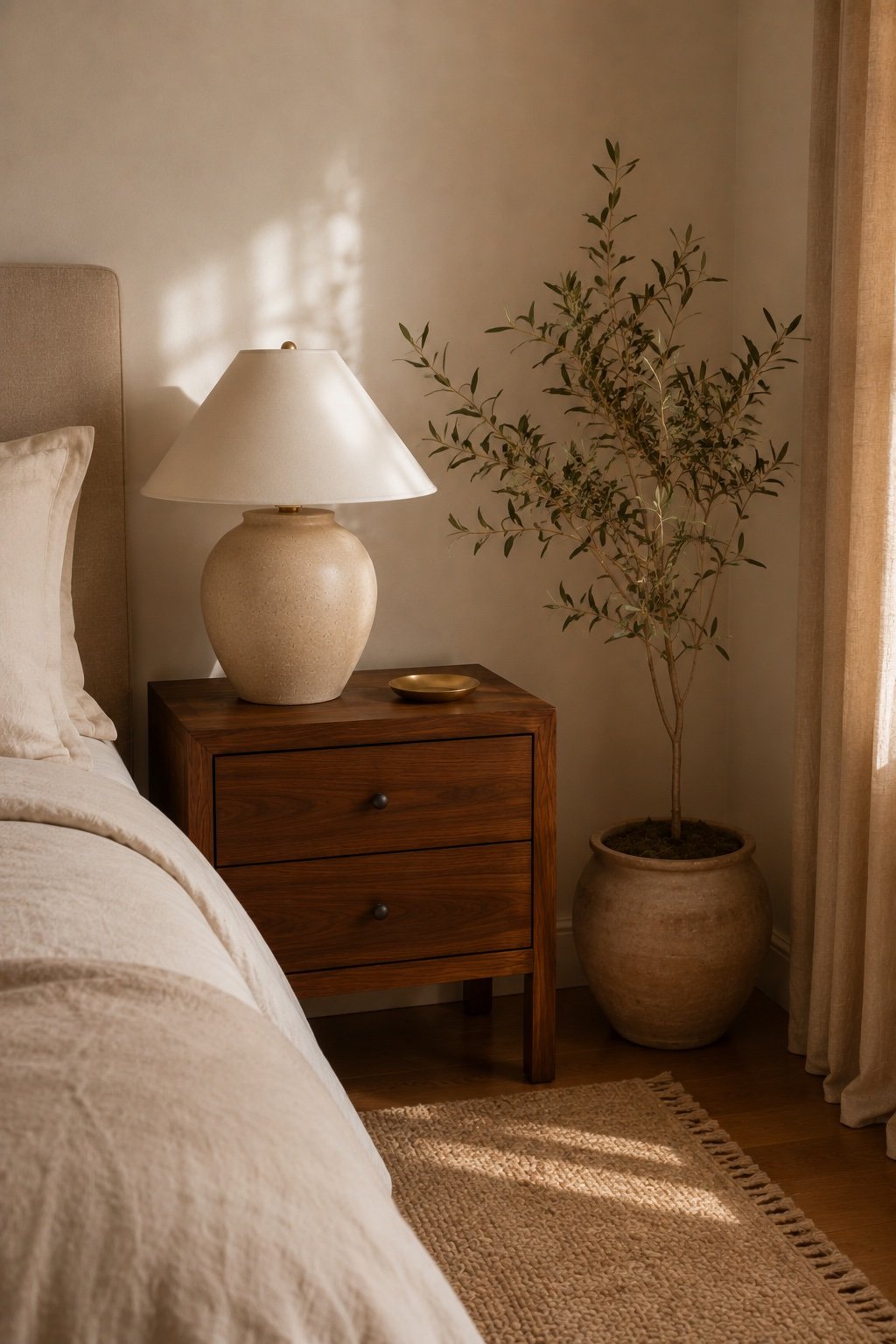 A single small trailing plant bringing life to a minimalist bedroom