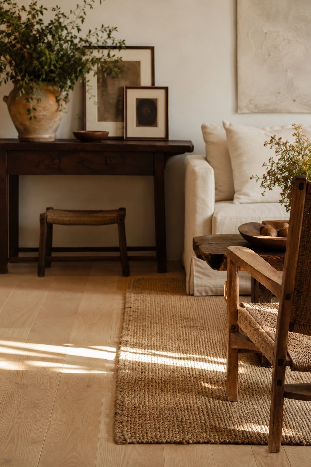 Living room mixing pale oak floor, a walnut console and a honey toned chair over a jute rug
