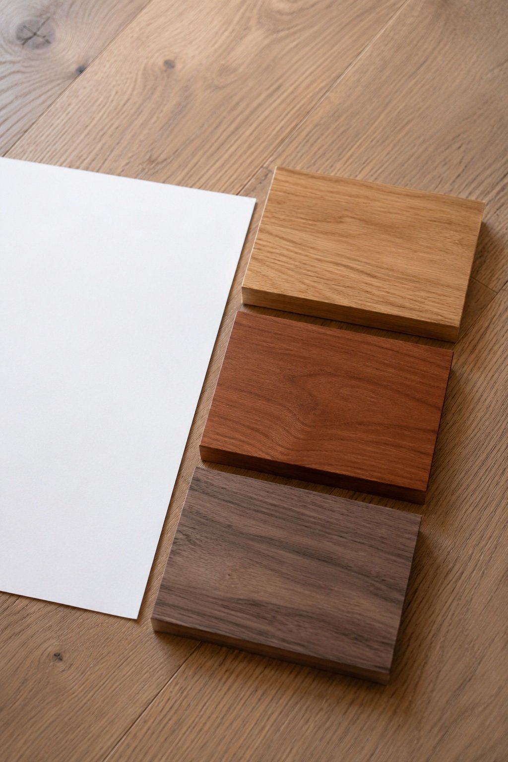 Three wood samples beside a sheet of white paper showing golden, red and gray undertones