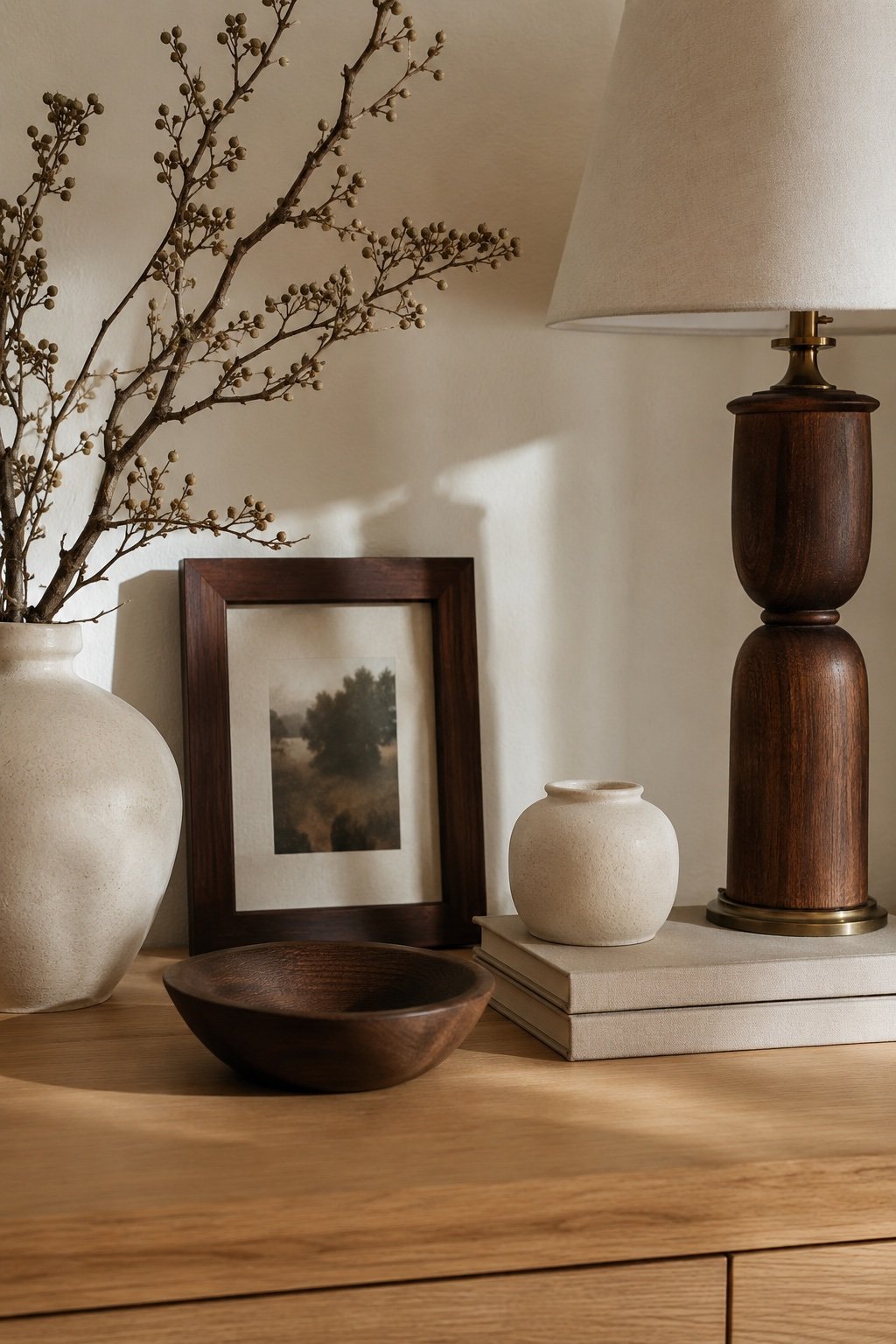 Console styled with a walnut frame, bowl and lamp base repeating one wood tone three times