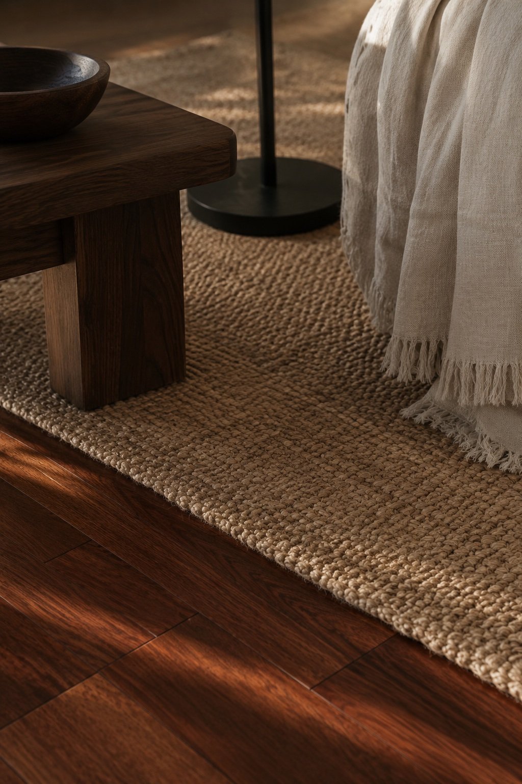 Floor level view of a jute rug separating a red toned floor from a dark walnut table leg