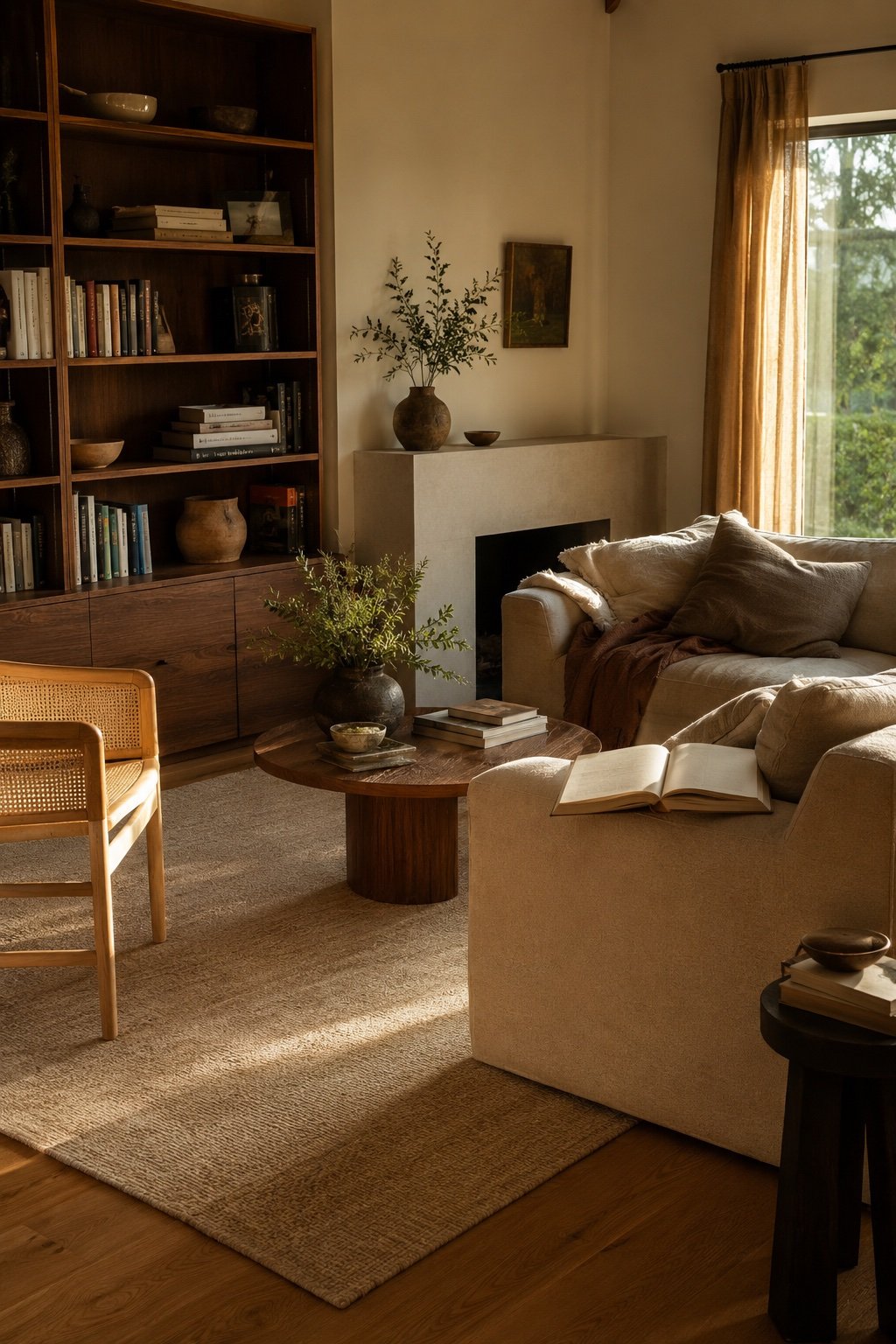 Living room at golden hour where oak, walnut and cane read as deliberate rather than mismatched