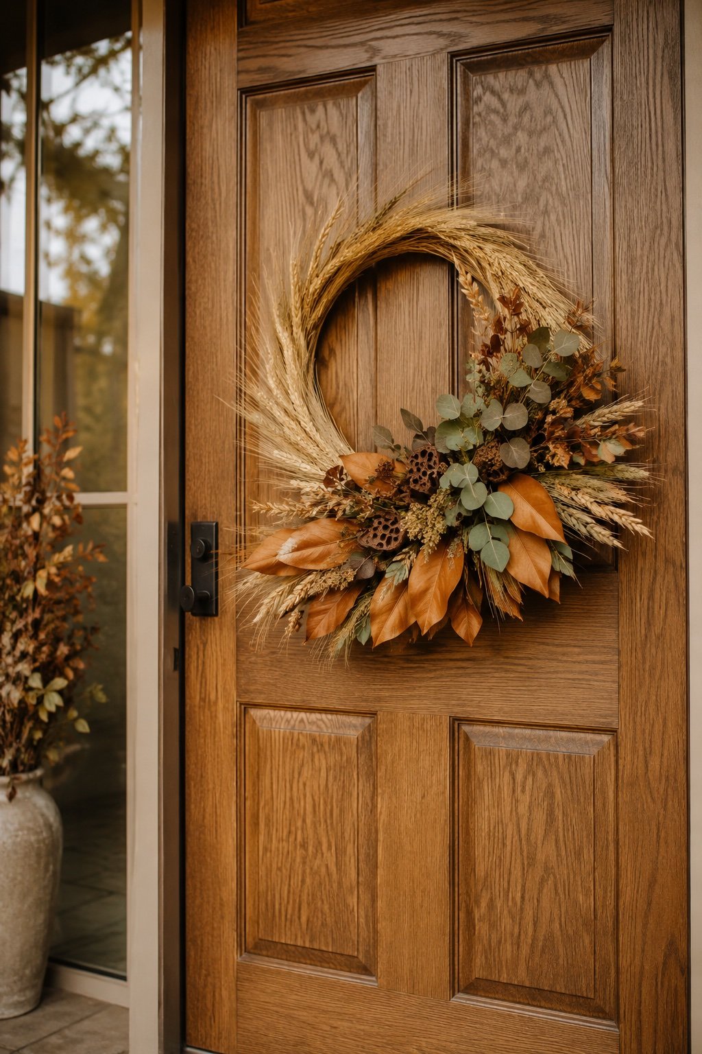 A neutral fall wreath of dried wheat and cognac leaves on a warm wood front door